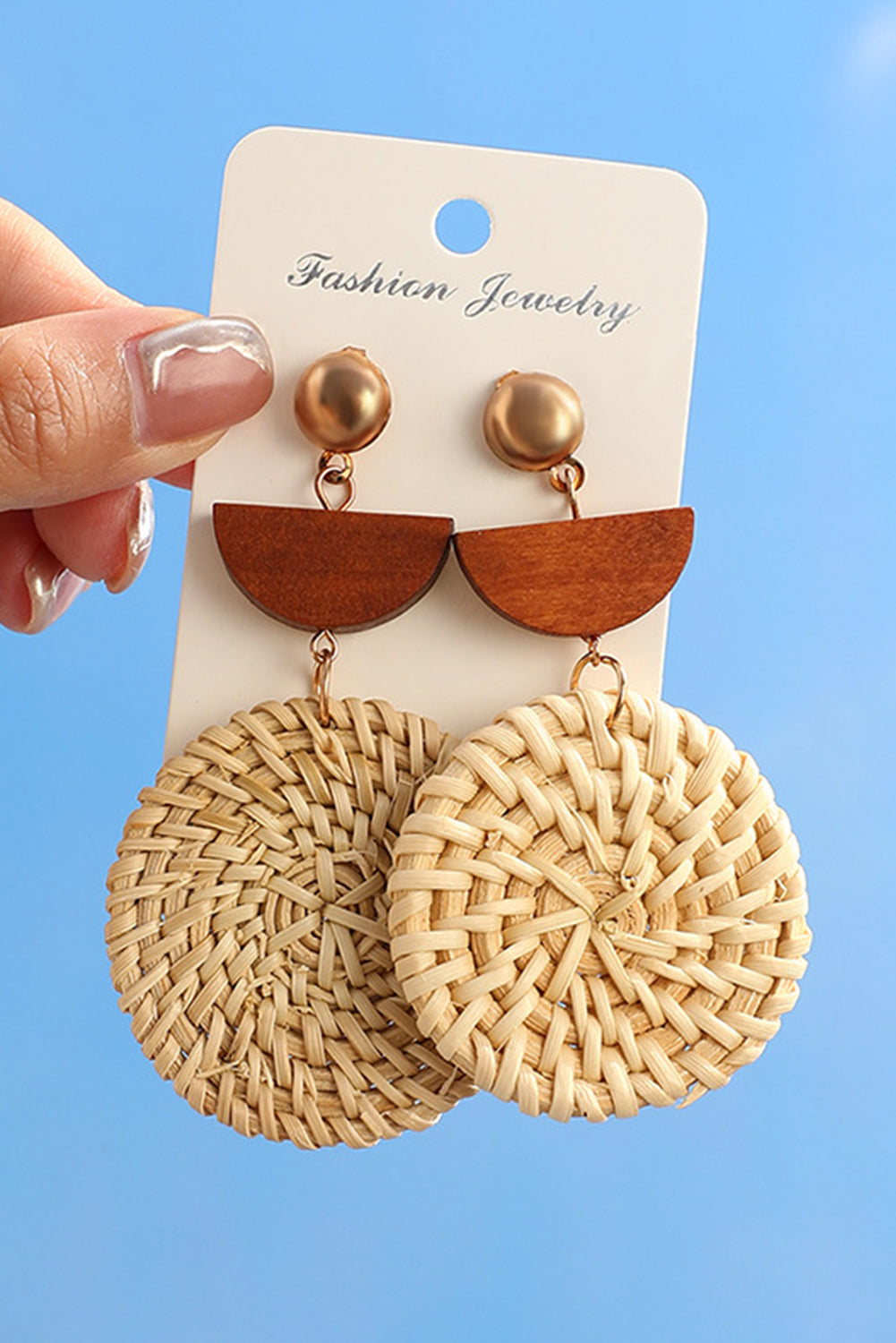 Beige Wooden Woven Disc Dangle Earrings-1