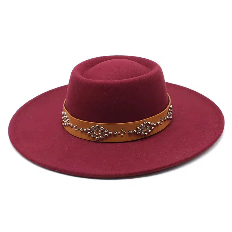 Round Widebrim Nailhead Fedora Hat - Brown with Decorative Beads and Buckle Closure-2