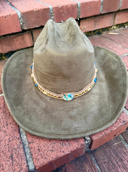 Premium Suede Cowboy Hat - Gold Design with Decorative Colorful Accents-0