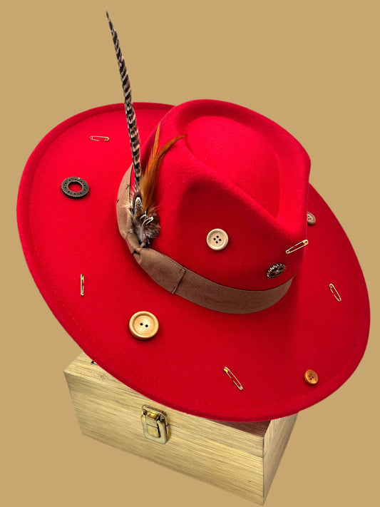 Luxury  Bow Tie Fedora Hat -Button-me-up- Red-0