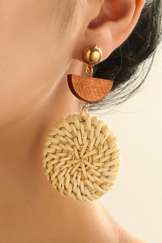 Beige Wooden Woven Disc Dangle Earrings-0