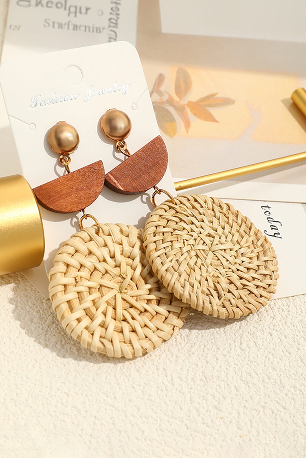 Beige Wooden Woven Disc Dangle Earrings-2