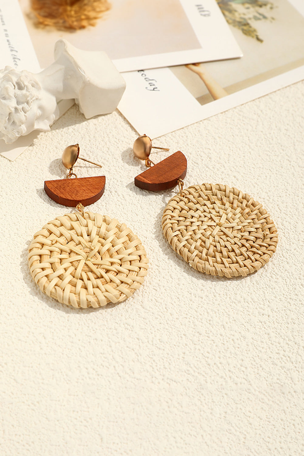 Beige Wooden Woven Disc Dangle Earrings-3