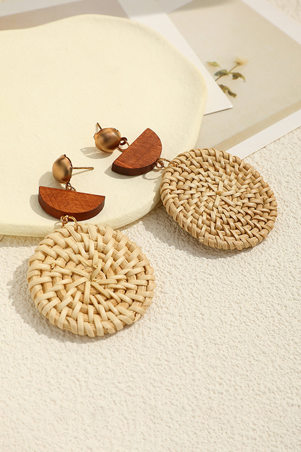 Beige Wooden Woven Disc Dangle Earrings-4