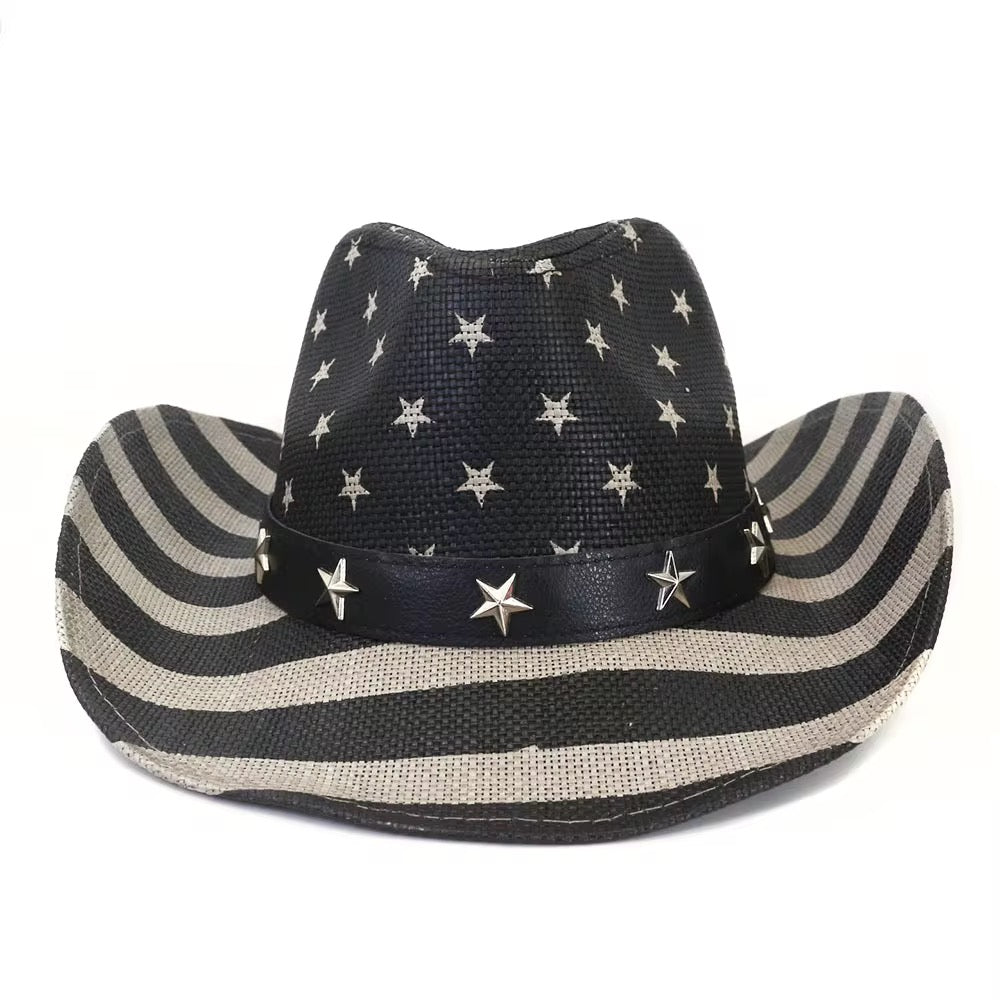 USA Flag Theme Sun Hat,Western Cowboy Hat, Durable Straw Material-1