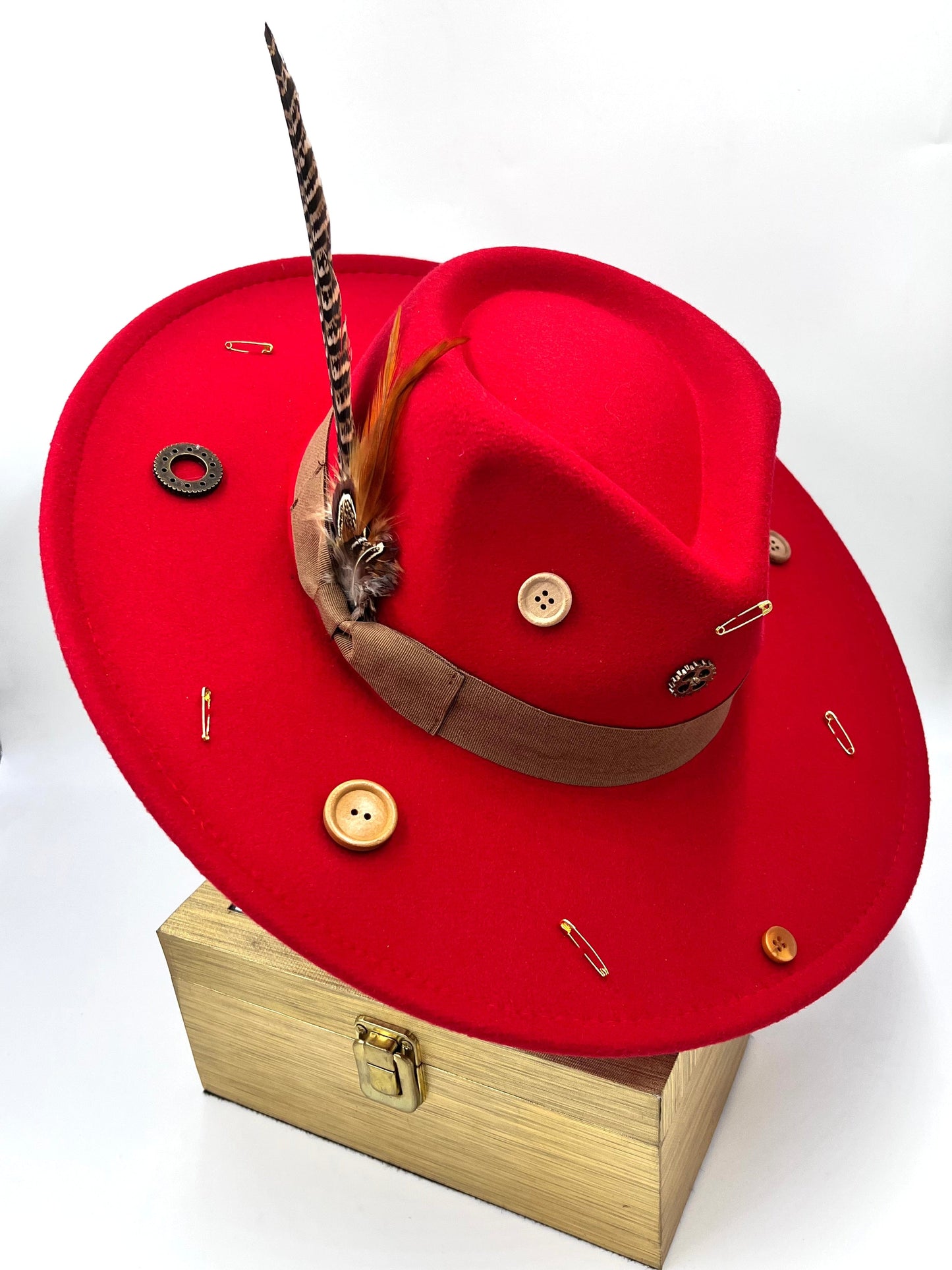 Luxury  Bow Tie Fedora Hat -Button-me-up- Red-1