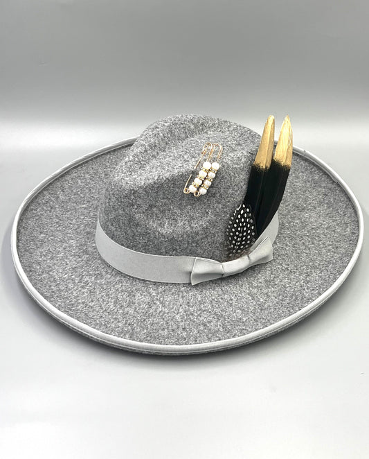 Bow Tie Fedora Hat  -Pencil brim GrayGold-0